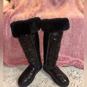 UGG AUSTRALIA SPARKLE SEQUIN OVER THE KNEE BAILEY BUTTON BOOTS BLACK Size 9 Us